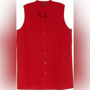 Eileen Fisher Mandarin Collar Sleeveless Silk Top, Red, Button-Down, S